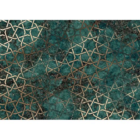 papier peint panoramique géométrique bleu canard et or - Komar (1/3)