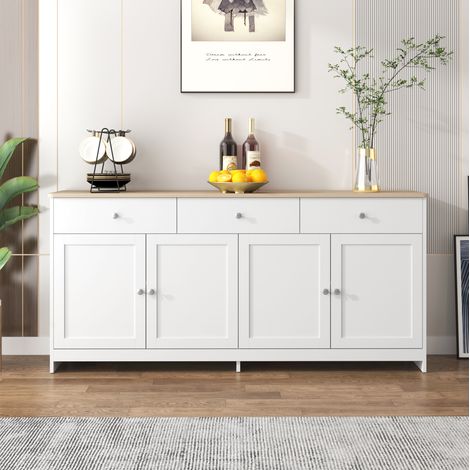 Sideboard aus MDF in Weiß und Holzdekor 160 x 37 x 75 cm, 4 Türen, 3 Schubladen, verstellbare Einlegeböden (1/5)