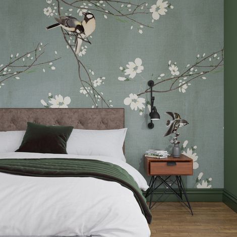 Papier peint panoramique Birds & Blossom 200 x 280cm Vert bleuté (1/5)