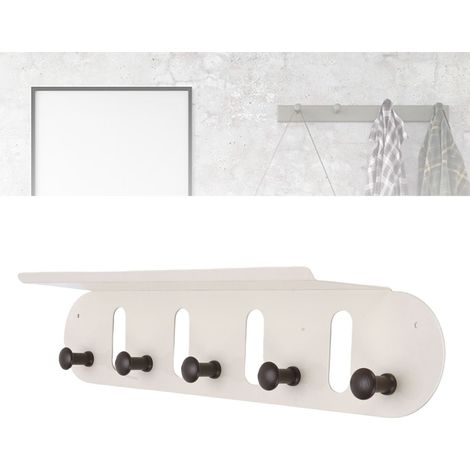 Etagère d'entrée avec 5 crochets pour manteaux, sacs, chapeaux (50x10cm) - Blanc, Bois noyer et Métal - Montage mural facile (1/5)