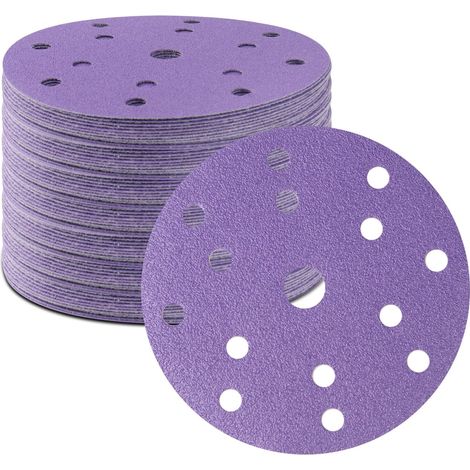 50 discos de lijado cerámicos de 150 mm y grano 80, discos de lijado orbitales redondos de 15 orificios para lijar y pulir pintura automotriz, madera y metal (1/5)