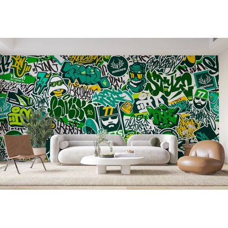 Papier peint graffiti - lettrages urbains vert et blanc - 150 x 250 cm (1/2)
