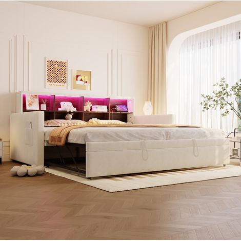 lit adulte gigogne rangement 90x190 velours beige HAVRYA (1/5)