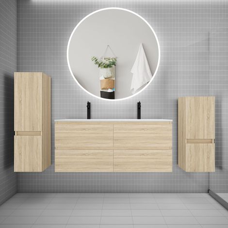 Ensemble meuble double vasque L.120cm 4 tiroirs + lavabo + LED miroir rond 120cm + 2colonne,chêne