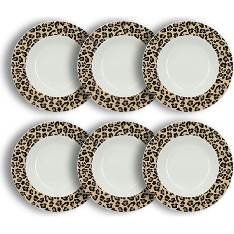 Lot de 6 assiettes creuses 20cm en porcelaine, LEOPARD