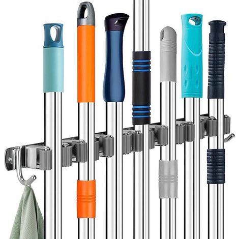 1 porte-balais mural en inox, 7 positions réglables, 2 crochets intégrés, support multifonction pour balais et outils de nettoyage, idéal cuisine, garage, salle de bain (1/5)