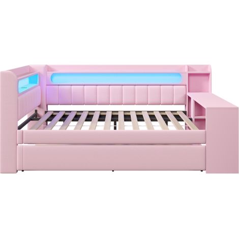 Lit de repos rembourré rose (140 x 200 cm) avec port USB et bande LED  inclut un lit gigogne et un bureau. (1/5)