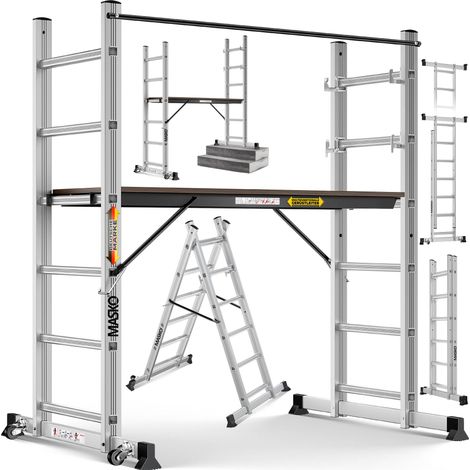 Masko® Baugerüst Alugerüst Gerüst Alu Leiter Arbeitsgerüst Arbeitsbühne bis 150 KG belastbar Anti-Rutsch beschichtet Gerüstleiter Silber (1/5)