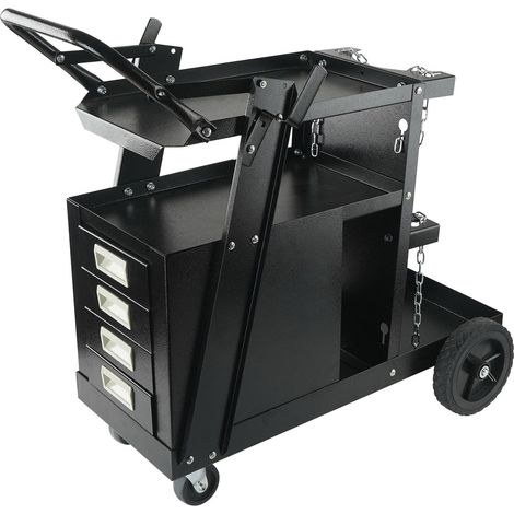 Chariot de soudage 2 étages, 4 tiroirs, capacité 120 kg, roues pivotantes 360°, chaînes de sécurité, rangement bouteille, pour poste MIG et plasma. (1/5)
