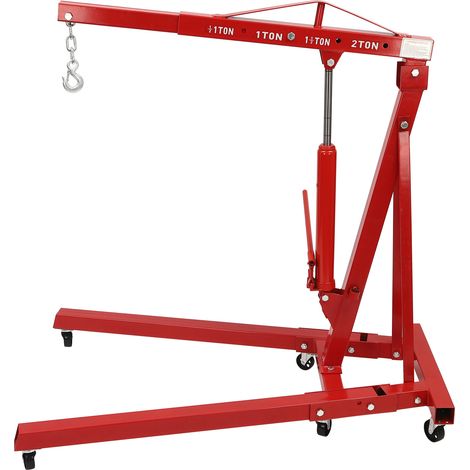 Grue d’atelier pliante 2 tonnes – 4 positions (0,5/1/1,5/2 T), vérin 8 T – Pour moteur, boîte, pont – Hauteur 2,1 m – Rouge
