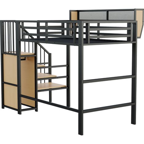 Lit mezzanine 90x200 en métal avec échelle de sécurité et étagère modulable, noir (1/5)
