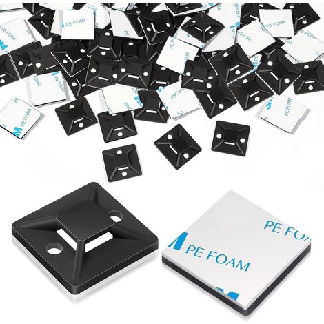 100er-Pack Kabelbinder 28 x 28 mm, Klebepunkte, schwarze Basis, selbstklebende Clips für Zuhause, Büro, Garage oder Werkstatt.