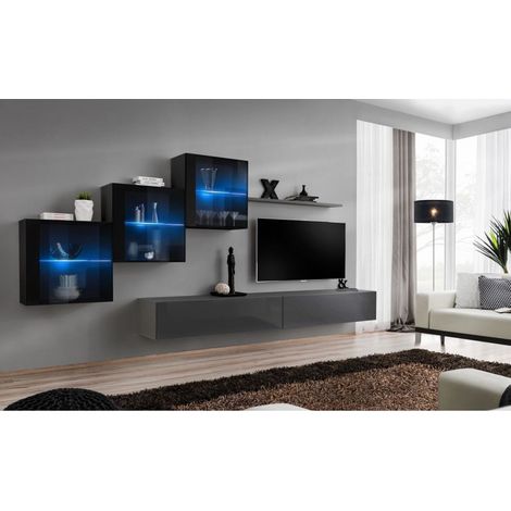Ensemble mural - Switch XX - 3 vitrines - 2 bancs TV - 1 étagère - Noir et graphite - Modèle 2 - Livraison gratuite