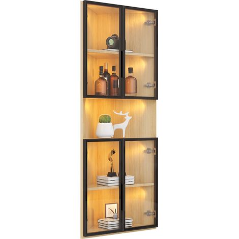Vitrine en verre LED 62x32x160cm – Meuble avec façade chêne, éclairage intégré, armoire anti-poussière en verre trempé, présentoir d'angle avec porte – Collection, bibliothèque, cave à vin, meuble sal (1/5)