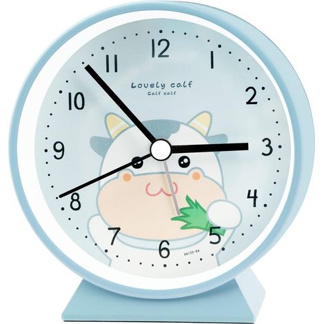 Reloj despertador infantil, analógico, con luz nocturna, diseño de vaca azul y funcionamiento a pilas. (1/4)