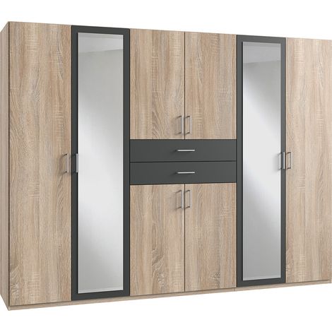 Armoire Placard, meuble de rangement avec 2 miroirs coloris Imitation chêne, rechampis graphite - Longueur 270 x Hauteur 208 x Profondeur 58 cm (1/3)