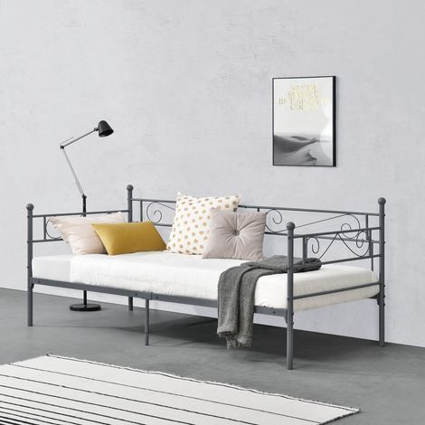 Cama Simple Kreava Reposacabezas y Reposapiés Metal 90x200cm Gris oscuro [en.casa] (1/5)