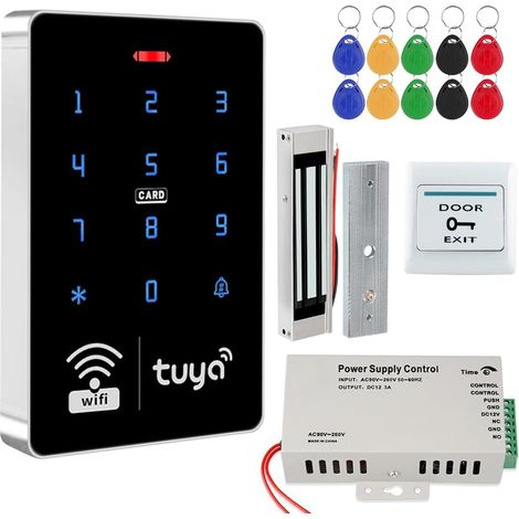Kit de système de contrôle d'accès intelligent : clavier étanche IP68 + verrouillage magnétique de 180 kg + bloc d'alimentation + bouton de déverrouillage + 10 porte-clés RFID, convient (1/5)
