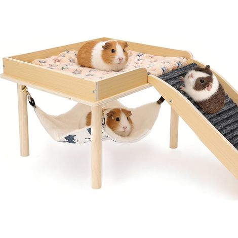 Maison Cochon d'Inde avec Rampe et Hamac, Naturel Cabane Lapin Intérieur, Cachette en Bois Petits Animaux de Compagnie, Hamsters Nains, Chinchilla (1/5)