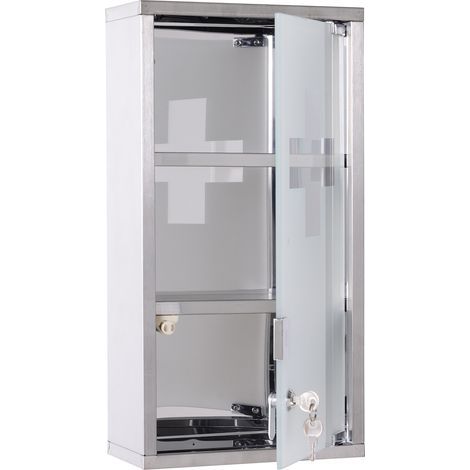 Armoire à Pharmacie 2 étagères 3 Niveaux verrouillable Porte Verre trempé dépoli Logo Croix 25L x 12l x 48H cm Acier INOX (1/4)