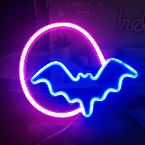 Enseigne Néon Halloween Lune et Chauve-souris, Lumière LED Alimentée par USB/Batterie, Décoration Murale pour Chambre, Bar, Fête, Cadeau Enfant (1/5)