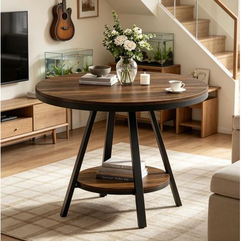 Tavolo da pranzo rotondo 90 cm in MDF marrone rustico con ripiano - CHICFURN (1/5)