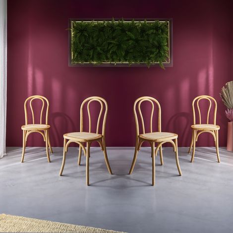 Lot de 4 chaises vintage en bois avec assise en rotin et dossier arrondi. coloris naturel. L 48 x P 49.5 x H 90cm (1/5)