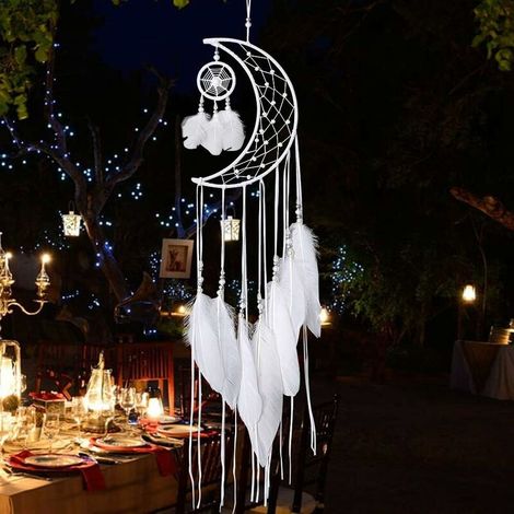 Blanc Attrape-rêves Main Lune Conception avec Plumes Dream Catcher Tenture Murale Décoration de La Maison Ornement Festival Artisanat Cadeau - Blanc MNS (1/4)