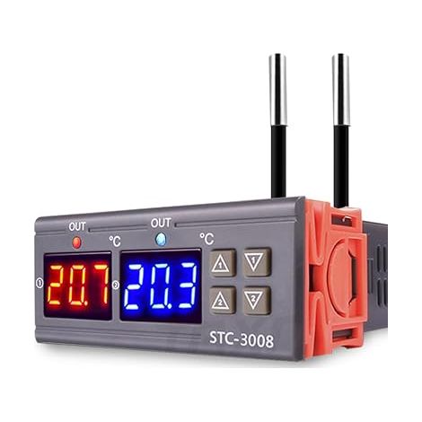 pièce Contrôleur de thermostat de température STC-3008 DC 12V,contrôleur de température numérique avec double affichage et double capteur de sonde NTC,mode chauffage et refroidissement (1/5)