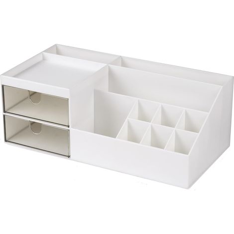 Organiseur Maquillage - 2 Tiroirs Coulissants - 11 Compartiments - Anti-Poussière - Blanc - 1 Pièce (1/5)