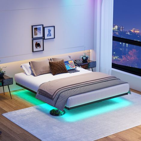 Bett modern aus Metall Schwarz 120x200 cm mit schwebender Optik, LED-Beleuchtung, Ladestation und Lattenrost