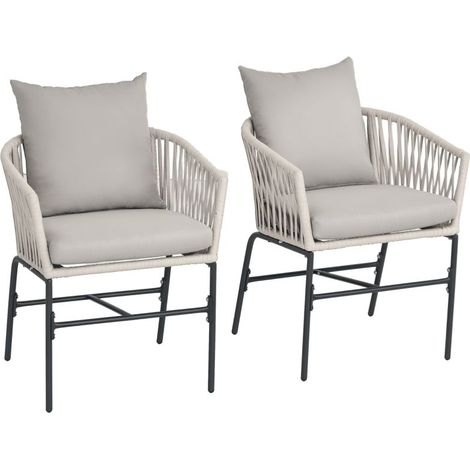Ensemble de 2 chaises de terrasse, style bohème, coque d'assise confortable, coussins d'assise, housse lavable, structure en métal, beige (1/3)