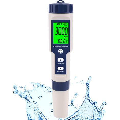 Salztester und digitales pH-Messgerät für Schwimmbad, Meerwasser und Trinkwasser, 5-in-1-Salzgehalt, pH-Wert, Temperatur, EC und TDS für Schwimmbäder, Whirlpools, Spas, hohe Genauigkeit