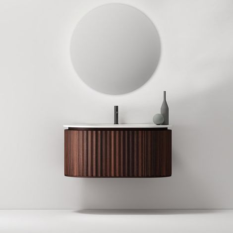 Mobile Bagno 100 cm Sospeso Noce Scuro Specchio Tondo - Reid (1/5)