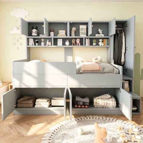 Lit enfant surélevé 90x200 cm avec armoire, escalier de rangement, tiroirs, étagères, LED et garde-corps, panneaux de bois et MDF, gris (1/5)