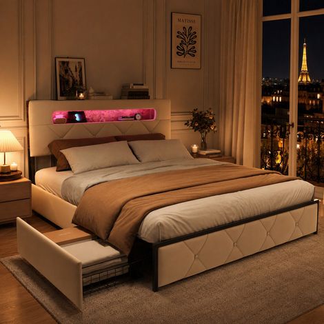 HYTKKBD - Lit Double 140x190cm,4 Tiroirs de Rangement,Lit Adulte avec Tête de lit LED,Port USB,lit avec Tiroirs,Sommier à Lattes,Velours - Beige (1/5)