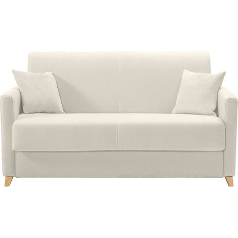 Divano letto 2-3 posti in tessuto beige e legno chiaro con materasso 13 cm SKANDY