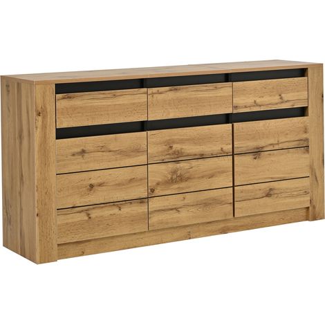 Buffet naturel en panneaux de particules 135×35×70 cm avec 3 tiroirs et 6 compartiments de rangement (1/5)