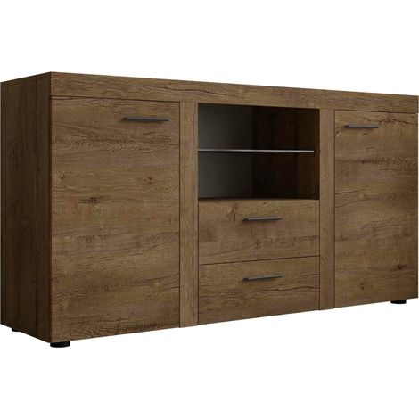 Cómoda Univio, Roble de lefkada, Con cajones y puertas, Número de cajones: 2, 82x157x40cm