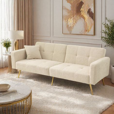 Divano letto 2 posti beige in tessuto effetto lana, schienale regolabile a 105°, 138° e 180°, struttura in legno, tasche laterali, ideale per soggiorno e ospiti  CHICFURN (1/5)