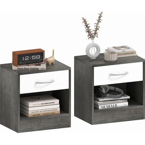 Ensemble de 2 tables de chevet modernes avec étagère ouverte et tiroir, en bois, 39 x 28 x 41 cm, blanc et gris foncé.