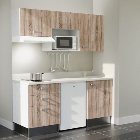 Kitchenette K20L - 180 cm - plan monobloc évier intégré Snova- évier à droite - Façades Bois + Electroménager inclus coloris Blanc (1/5)