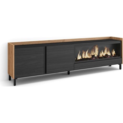 Skraut Home - Mueble TV, Televisión, Muebles de salón, almacenaje, 212x35x61cm, Para TV hasta 80", Chimenea eléctrica XXL, Diseño industrial, Estilo Moderno, Negro y roble (1/5)