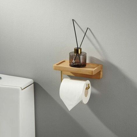 Devidoir Porte Papier Toilette Double Installation Bois Massif Hêtre Dérouleur Support Papier WC Mural Auto-adhésif Coins Arrondis Porte Rouleau de Papier Décor pour la Salle de Bain Cuisine(Hêtre)