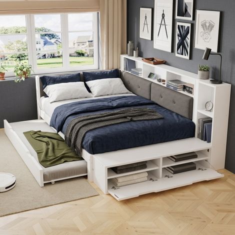 Cama nido de madera 120x200 cm con cama extraíble 90x190 cm - cama juvenil con somier de láminas puerto de carga estantes de almacenamiento y banco zapatero - blanco (1/5)