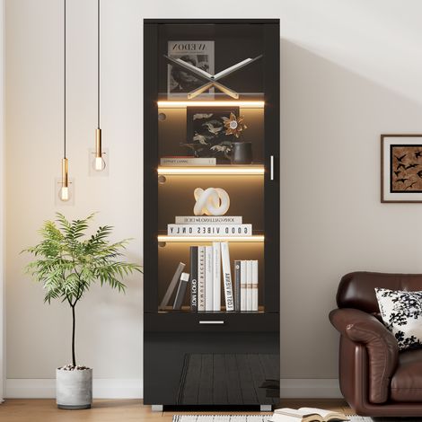 Vitrine noire haute brillance avec porte acrylique et éclairage LED. Trois étagères pour collection, parfums et décoration intérieure (1/4)