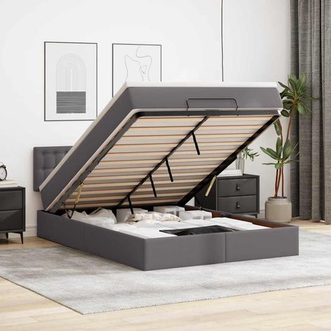 Cama otomana colchón y LED cuero sintético gris 140x190 cm