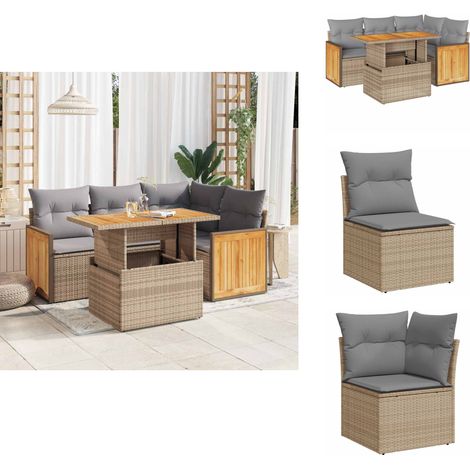 5-tlg. Garten-Sofagarnitur mit Kissen Beige Poly Rattan Akazie - Gartensofa Set - Garten Sofa Set - Outdoor Sofa Set - Garten Sofagarnitur (1/5)