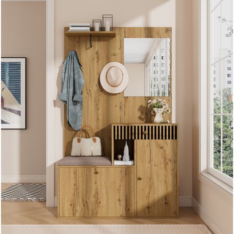 Garderobenset, Kompaktgarderobe, Flurgarderobe mit Spiegel und Polsterkissen, Flurschrank, Wohnwand, Regal, Flur- und Dielengarderobenpaneele, Schuhschrank, (B x H x T): 110 x 185,5 x 37 cm (1/5)