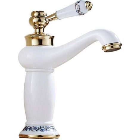 Rubinetto per lavabo da bagno in ceramica anticata e ottone, miscelatore vintage a collo lungo in porcellana blu e bianca, rubinetto per acqua calda/fredda per lavello da cucina (bianco) -Crezuo